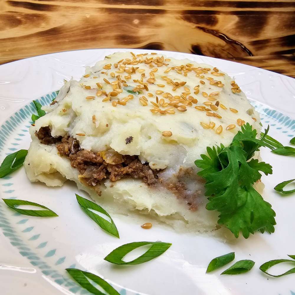 escondidinho de batata andina com carne e linhaça