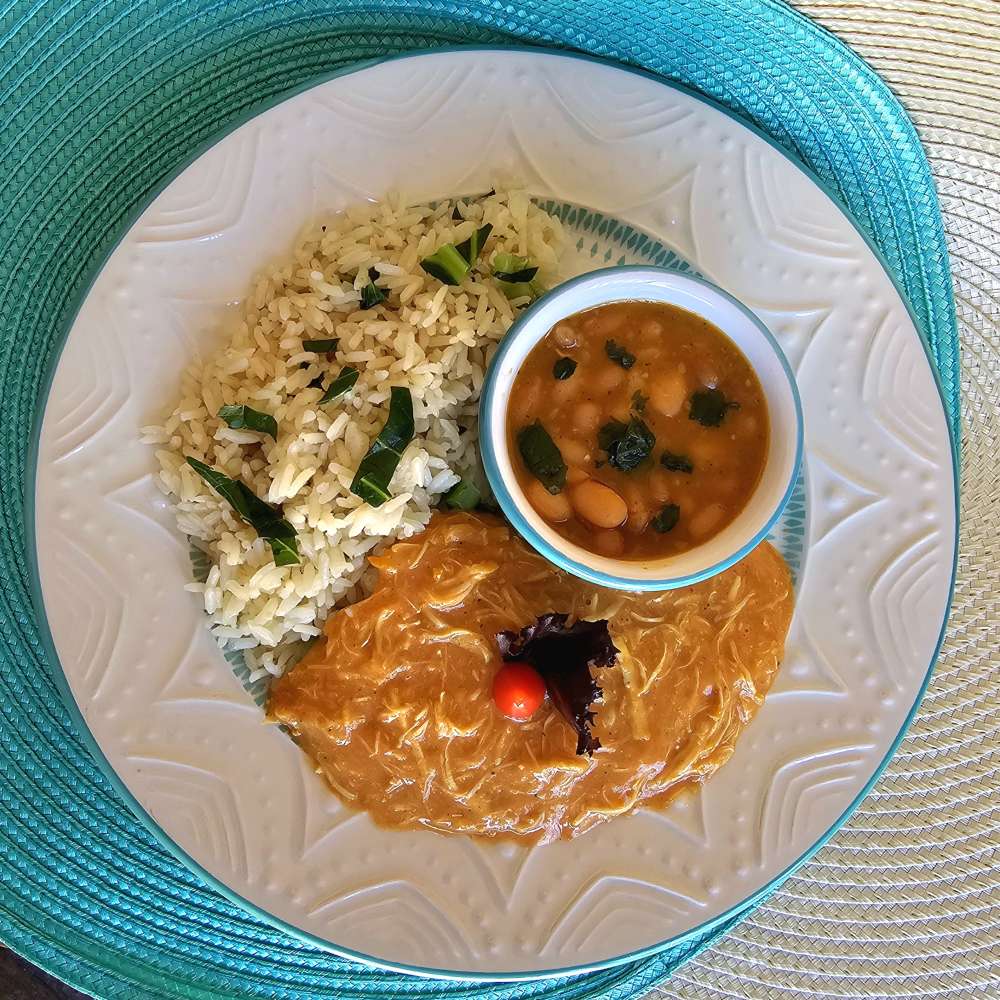 creme de galinha com arroz e feijão